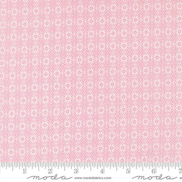Image of Summers End Trellis Lilac quilting cotton fabric by Fig Tree Co for Moda Fabrics. Features a geometric pattern on a pink background. Cute Little Fabric Shop.
