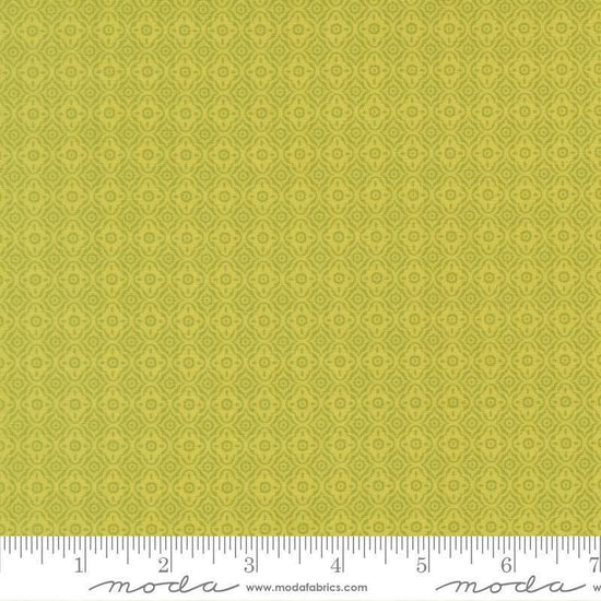 Image of Summers End Trellis Grass quilting cotton fabric by Fig Tree Co for Moda Fabrics. Features a geometric pattern on a green background. Cute Little Fabric Shop.