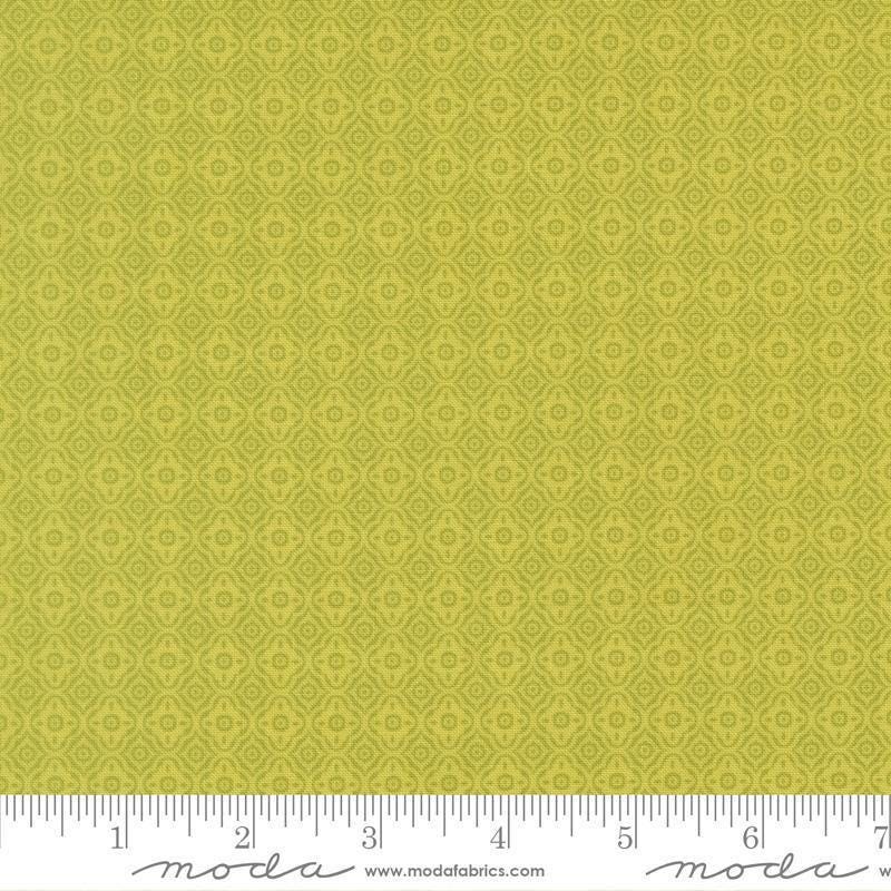 Image of Summers End Trellis Grass quilting cotton fabric by Fig Tree Co for Moda Fabrics. Features a geometric pattern on a green background. Cute Little Fabric Shop.