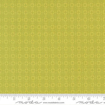 Image of Summers End Trellis Grass quilting cotton fabric by Fig Tree Co for Moda Fabrics. Features a geometric pattern on a green background. Cute Little Fabric Shop.