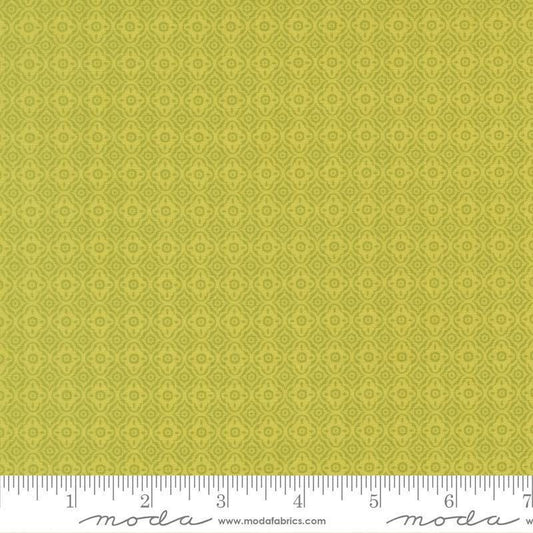 Image of Summers End Trellis Grass quilting cotton fabric by Fig Tree Co for Moda Fabrics. Features a geometric pattern on a green background. Cute Little Fabric Shop.