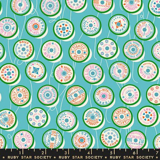 Trinketry Spools Turquoise Blue Spool Fabric - RS0111 - Moda Fabrics Quilting Cotton Fabric