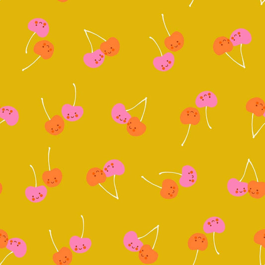 Trinketry Cherry Friends Goldenrod Yellow Cherry Fabric - RS0112 - Moda Fabrics Quilting Cotton Fabric