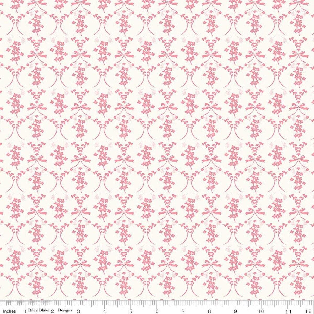 Image of Sweet Pink Flowers & Bows Cream quilting cotton fabric by My Mind's Eye for Riley Blake Design. Features flowers on a cream background. Cute Little Fabric Shop.