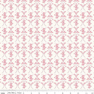 Image of Sweet Pink Flowers & Bows Cream quilting cotton fabric by My Mind's Eye for Riley Blake Design. Features flowers on a cream background. Cute Little Fabric Shop.
