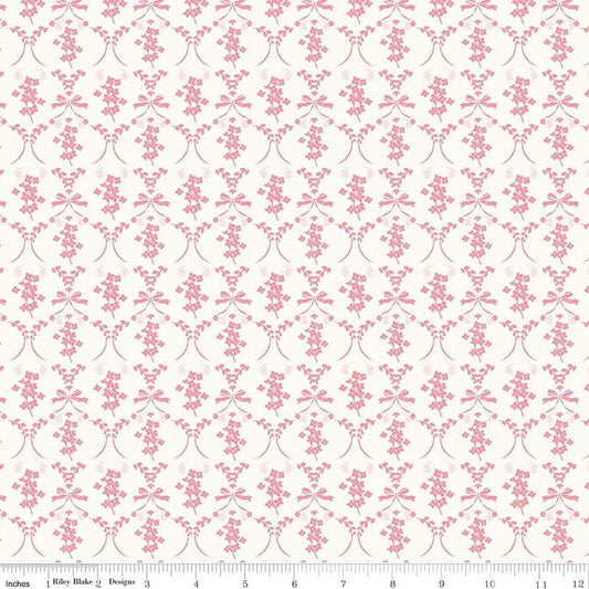 Image of Sweet Pink Flowers & Bows Cream quilting cotton fabric by My Mind's Eye for Riley Blake Design. Features flowers on a cream background. Cute Little Fabric Shop.