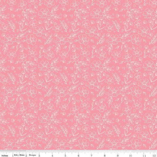 Image of Sweet Pink Floral Pink quilting cotton fabric by My Mind's Eye for Riley Blake Design. Features flowers on a pink background. Cute Little Fabric Shop.