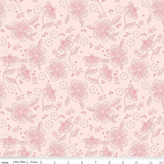 Image of Sweet Pink Main Blush quilting cotton fabric by My Mind's Eye for Riley Blake Design. Features flowers on a pink background. Cute Little Fabric Shop.