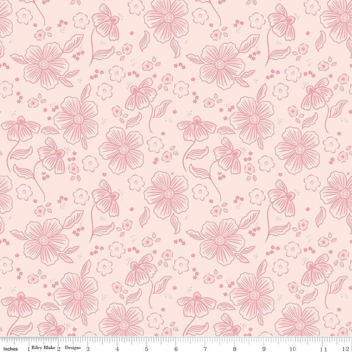 Image of Sweet Pink Main Blush quilting cotton fabric by My Mind's Eye for Riley Blake Design. Features flowers on a pink background. Cute Little Fabric Shop.
