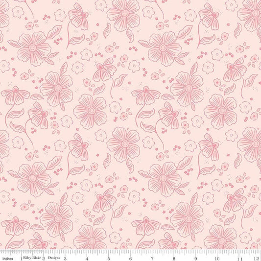 Image of Sweet Pink Main Blush quilting cotton fabric by My Mind's Eye for Riley Blake Design. Features flowers on a pink background. Cute Little Fabric Shop.