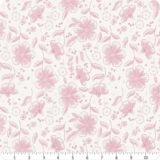 Image of Sweet Pink Main Cream quilting cotton fabric by My Mind's Eye for Riley Blake Design. Features flowers on a cream background. Cute Little Fabric Shop.