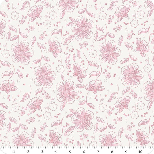 Image of Sweet Pink Main Cream quilting cotton fabric by My Mind's Eye for Riley Blake Design. Features flowers on a cream background. Cute Little Fabric Shop.