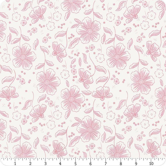 Image of Sweet Pink Main Cream quilting cotton fabric by My Mind's Eye for Riley Blake Design. Features flowers on a cream background. Cute Little Fabric Shop.