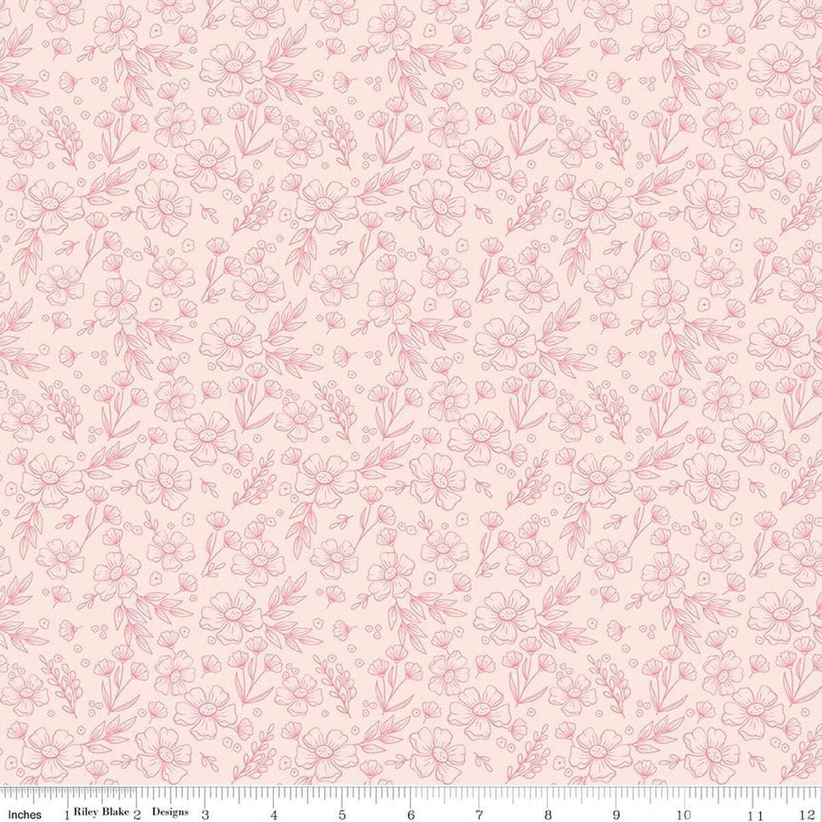 Image of Sweet Pink Floral Blush quilting cotton fabric by My Mind's Eye for Riley Blake Design. Features flowers on a pink background. Cute Little Fabric Shop.