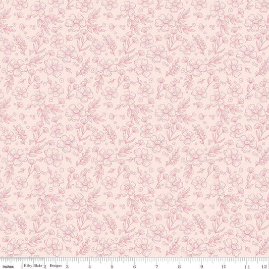 Image of Sweet Pink Floral Blush quilting cotton fabric by My Mind's Eye for Riley Blake Design. Features flowers on a pink background. Cute Little Fabric Shop.