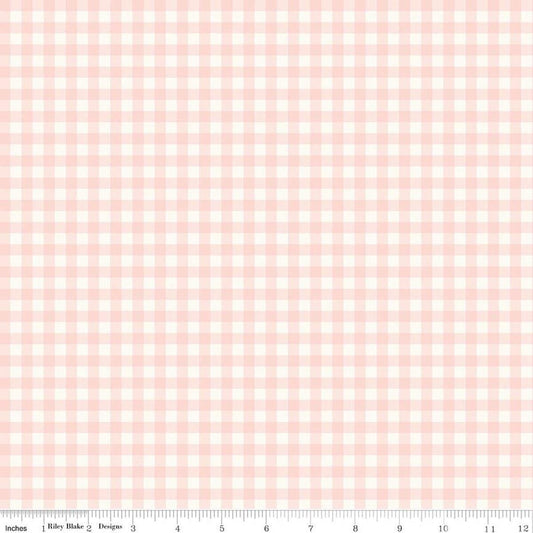 Image of Sweet Pink Gingham Cream quilting cotton fabric by My Mind's Eye for Riley Blake Design. Features gingham on a cream background. Cute Little Fabric Shop.