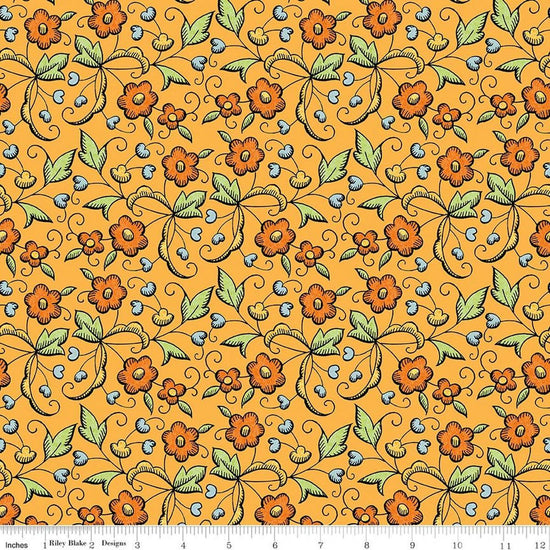 Image of Scary Scraps Fall Floral Orange quilting cotton fabric by J Wecker Frisch for Riley Blake Designs. Features flowers on an orange background. Cute Little Fabric Shop.
