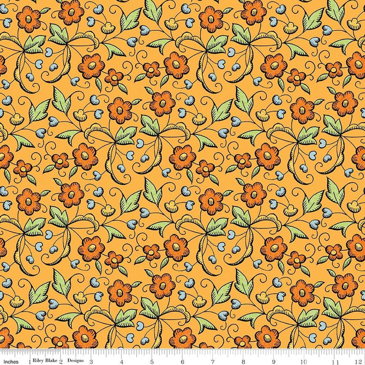 Image of Scary Scraps Fall Floral Orange quilting cotton fabric by J Wecker Frisch for Riley Blake Designs. Features flowers on an orange background. Cute Little Fabric Shop.