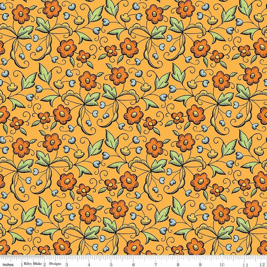 Image of Scary Scraps Fall Floral Orange quilting cotton fabric by J Wecker Frisch for Riley Blake Designs. Features flowers on an orange background. Cute Little Fabric Shop.