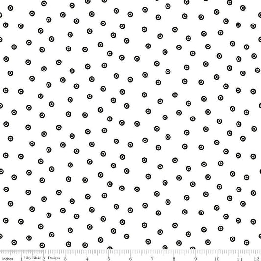 Image of Scary Scraps Dress Dots White quilting cotton fabric by J Wecker Frisch for Riley Blake Designs. Features dots on a white background. Cute Little Fabric Shop.