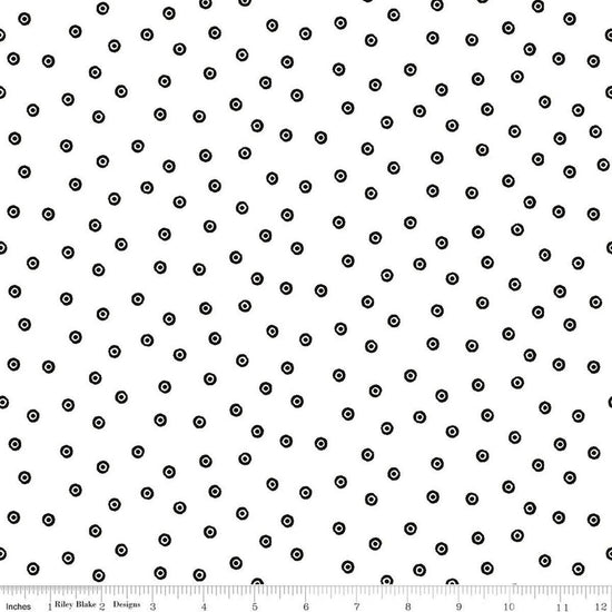 Image of Scary Scraps Dress Dots White quilting cotton fabric by J Wecker Frisch for Riley Blake Designs. Features dots on a white background. Cute Little Fabric Shop.