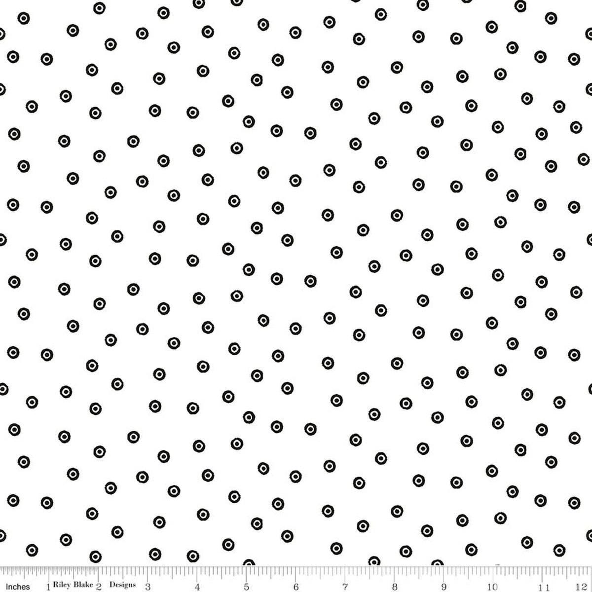 Image of Scary Scraps Dress Dots White quilting cotton fabric by J Wecker Frisch for Riley Blake Designs. Features dots on a white background. Cute Little Fabric Shop.