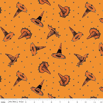 Image of Scary Scraps Festive Hat Toss Orange quilting cotton fabric by J Wecker Frisch for Riley Blake Designs. Features witch hats on an orange background. Cute Little Fabric Shop.