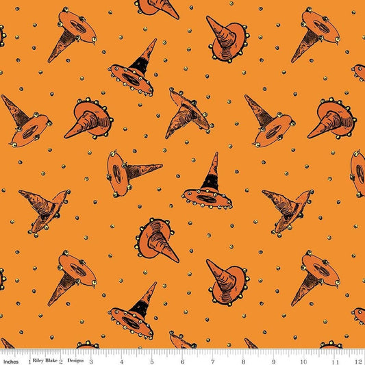 Image of Scary Scraps Festive Hat Toss Orange quilting cotton fabric by J Wecker Frisch for Riley Blake Designs. Features witch hats on an orange background. Cute Little Fabric Shop.