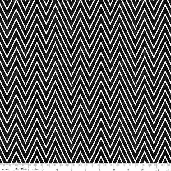 Image of Scary Scraps Shocking Chevron Black quilting cotton fabric by J Wecker Frisch for Riley Blake Designs. Features zig zags on a black background. Cute Little Fabric Shop.