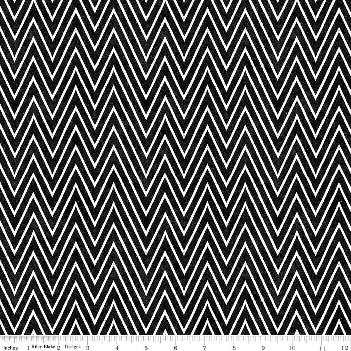 Image of Scary Scraps Shocking Chevron Black quilting cotton fabric by J Wecker Frisch for Riley Blake Designs. Features zig zags on a black background. Cute Little Fabric Shop.