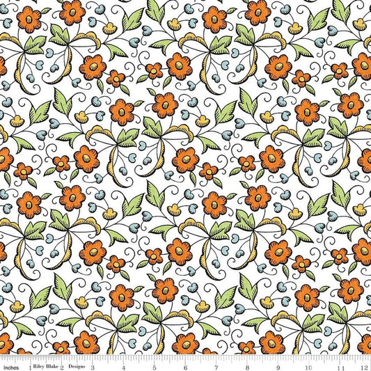 Image of Scary Scraps Fall Floral White quilting cotton fabric by J Wecker Frisch for Riley Blake Designs. Features flowers on a white background. Cute Little Fabric Shop.
