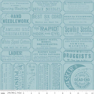 Image of Scary Scraps Scary Sew Labels Blue quilting cotton fabric by J Wecker Frisch for Riley Blake Designs. Features text on a blue background. Cute Little Fabric Shop.
