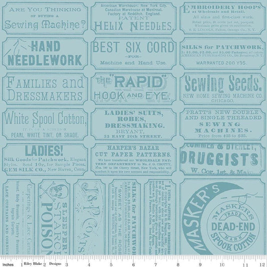 Image of Scary Scraps Scary Sew Labels Blue quilting cotton fabric by J Wecker Frisch for Riley Blake Designs. Features text on a blue background. Cute Little Fabric Shop.