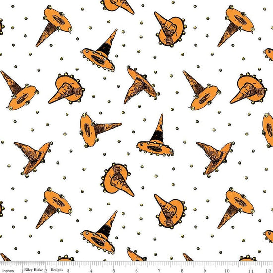 Image of Scary Scraps Festive Hat Toss White quilting cotton fabric by J Wecker Frisch for Riley Blake Designs. Features witch hats on a white background. Cute Little Fabric Shop.