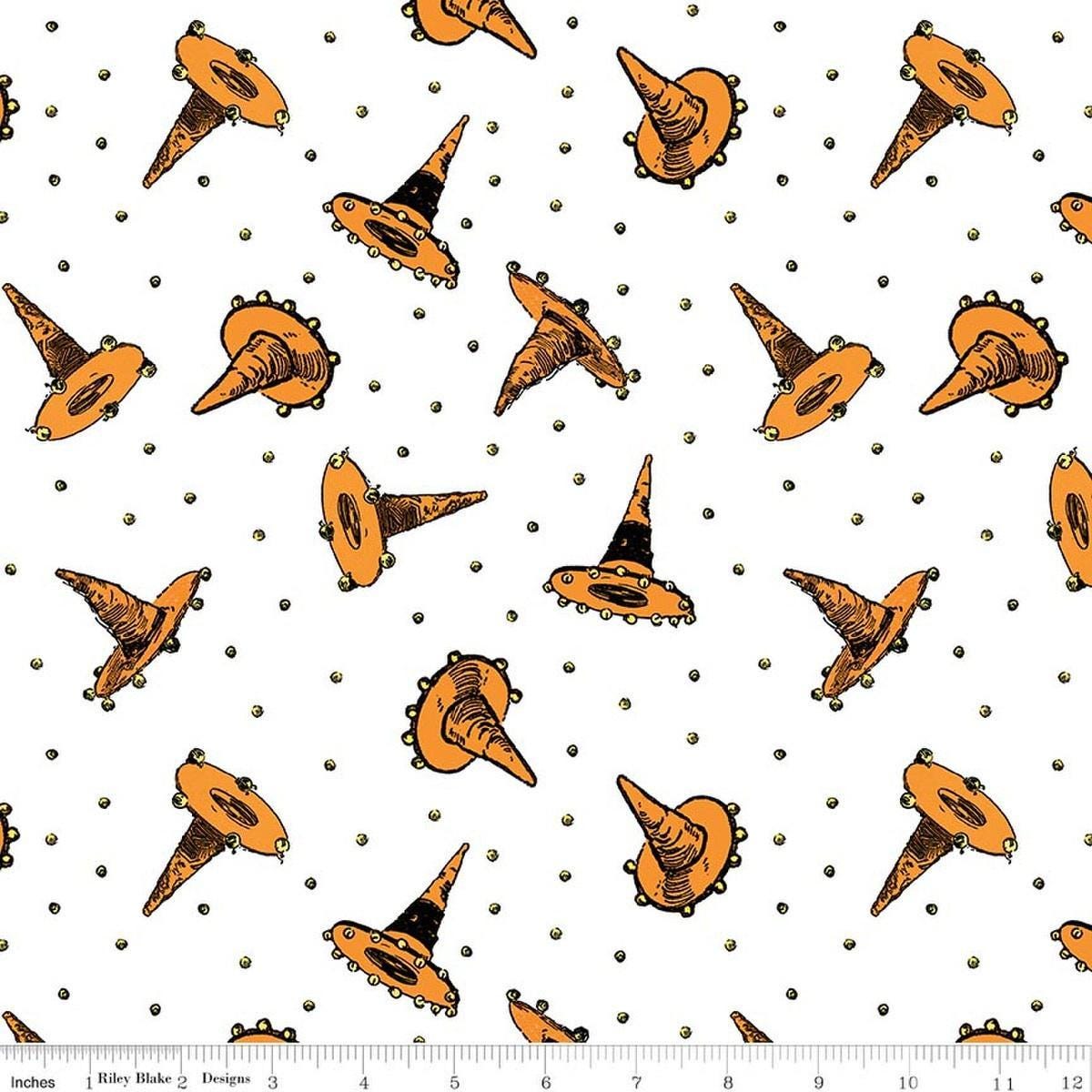 Image of Scary Scraps Festive Hat Toss White quilting cotton fabric by J Wecker Frisch for Riley Blake Designs. Features witch hats on a white background. Cute Little Fabric Shop.