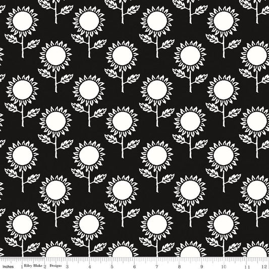 Image of Scary Scraps Fall Fields White quilting cotton fabric by J Wecker Frisch for Riley Blake Designs. Features flowers on a black background. Cute Little Fabric Shop.