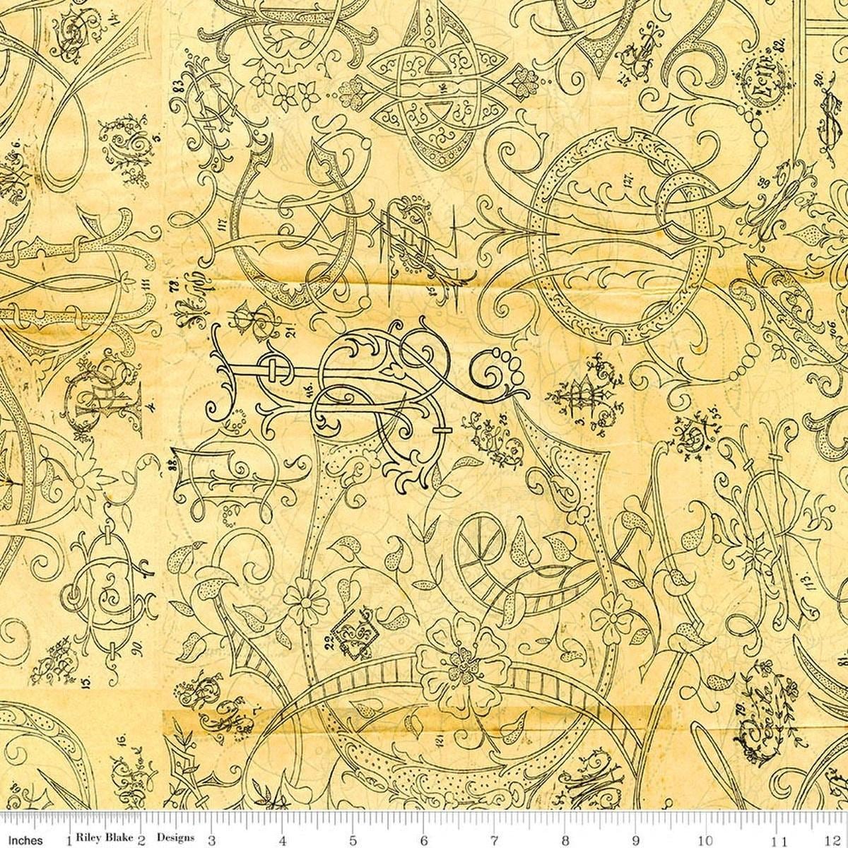 Image of Scary Scraps Scary Stiches Yellow quilting cotton fabric by J Wecker Frisch for Riley Blake Designs. Features vintage on a yellow background. Cute Little Fabric Shop.