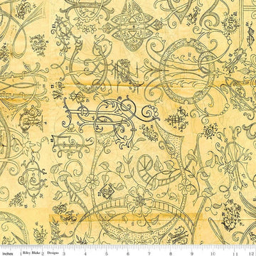 Image of Scary Scraps Scary Stiches Yellow quilting cotton fabric by J Wecker Frisch for Riley Blake Designs. Features vintage on a yellow background. Cute Little Fabric Shop.