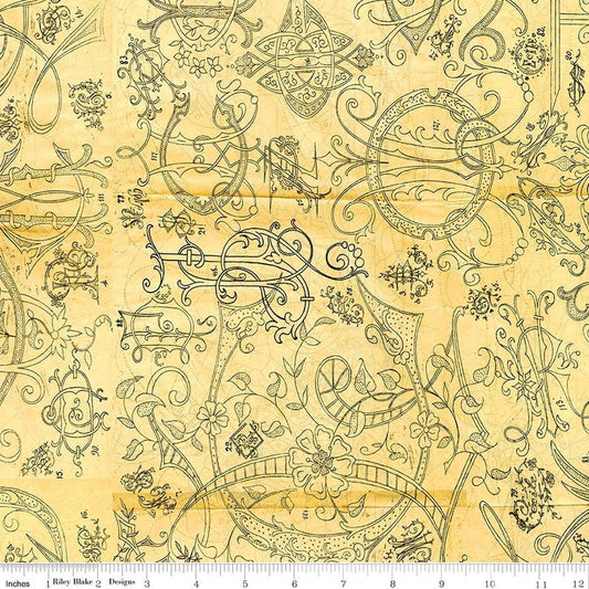 Image of Scary Scraps Scary Stiches Yellow quilting cotton fabric by J Wecker Frisch for Riley Blake Designs. Features vintage on a yellow background. Cute Little Fabric Shop.