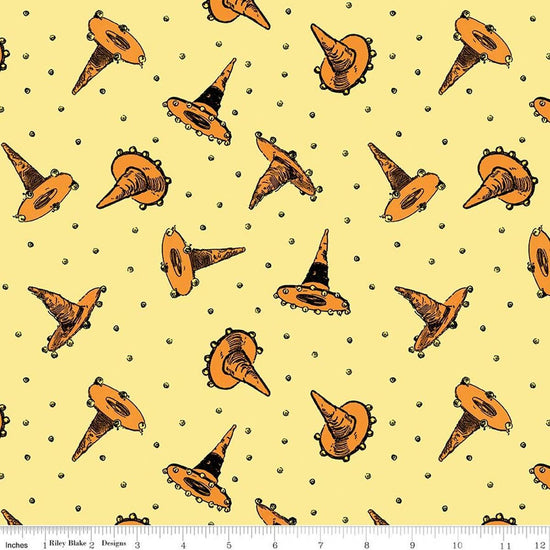 Image of Scary Scraps Festive Hat Toss Yellow quilting cotton fabric by J Wecker Frisch for Riley Blake Designs. Features witch hats on a yellow background. Cute Little Fabric Shop.