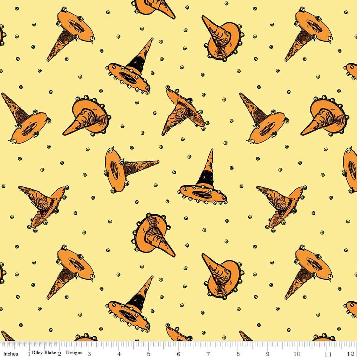 Image of Scary Scraps Festive Hat Toss Yellow quilting cotton fabric by J Wecker Frisch for Riley Blake Designs. Features witch hats on a yellow background. Cute Little Fabric Shop.