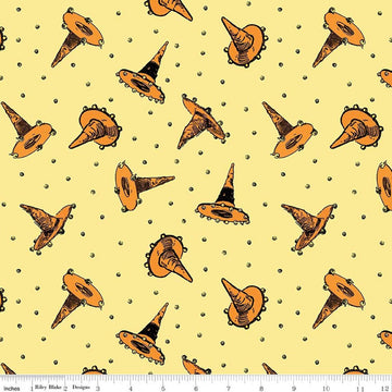 Image of Scary Scraps Festive Hat Toss Yellow quilting cotton fabric by J Wecker Frisch for Riley Blake Designs. Features witch hats on a yellow background. Cute Little Fabric Shop.