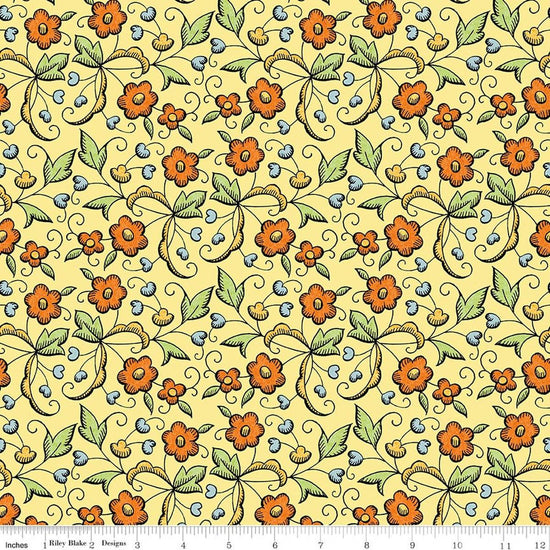 Image of Scary Scraps Fall Floral Yellow quilting cotton fabric by J Wecker Frisch for Riley Blake Designs. Features flowers on a yellow background. Cute Little Fabric Shop.