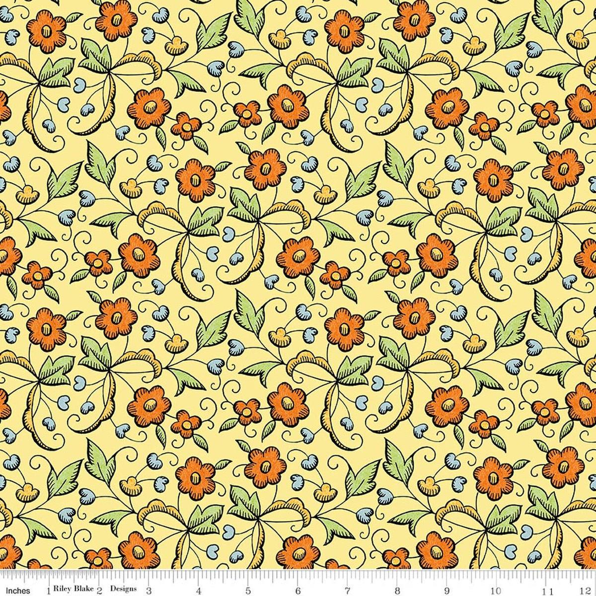 Image of Scary Scraps Fall Floral Yellow quilting cotton fabric by J Wecker Frisch for Riley Blake Designs. Features flowers on a yellow background. Cute Little Fabric Shop.