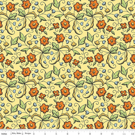 Image of Scary Scraps Fall Floral Yellow quilting cotton fabric by J Wecker Frisch for Riley Blake Designs. Features flowers on a yellow background. Cute Little Fabric Shop.