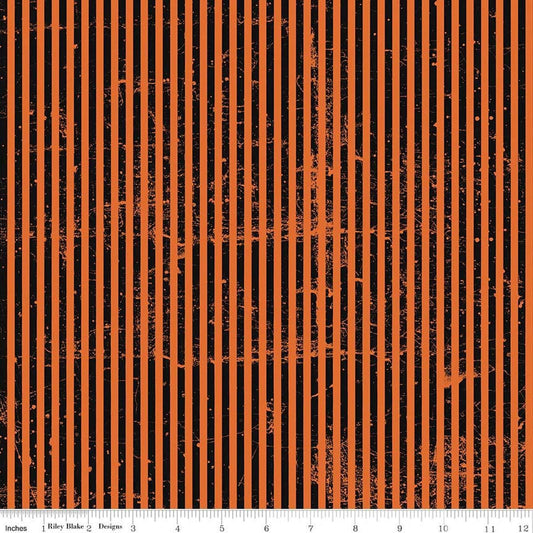 Image of Scary Scraps Stressed Stripes Orange quilting cotton fabric by J Wecker Frisch for Riley Blake Designs. Features stripes on an orange background. Cute Little Fabric Shop.