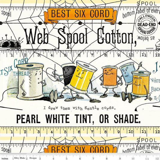 Image of Scary Scraps Scary Spools Border Stripe White quilting cotton fabric by J Wecker Frisch for Riley Blake Designs. Features spools on a white background. Cute Little Fabric Shop.