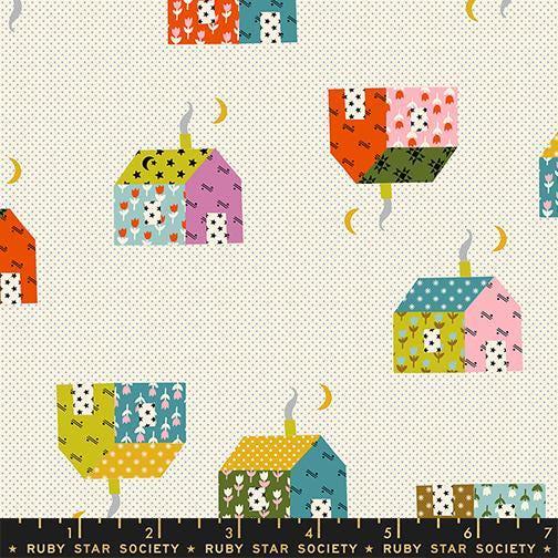 Image of Mystic Fable House Natural quilting cotton fabric by Alexia Abegg of Ruby Star Society for Moda Fabrics. Features printed house blocks on a cream background. Cute Little Fabric Shop.