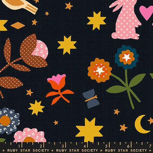 Image of Mystic Fable Novelty Soft Black quilting cotton fabric by Alexia Abegg of Ruby Star Society for Moda Fabrics. Features flowers on a black background. Cute Little Fabric Shop.