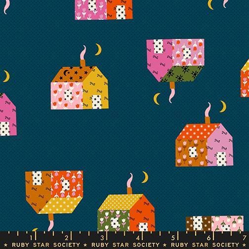 Image of Mystic Fable House Galaxy quilting cotton fabric by Alexia Abegg of Ruby Star Society for Moda Fabrics. Features printed house blocks on a blue background. Cute Little Fabric Shop.